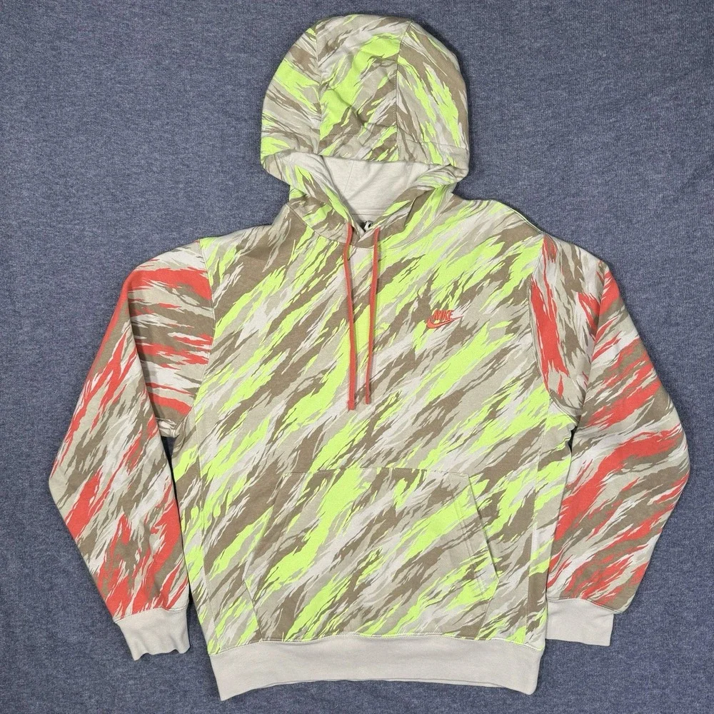 Nike Club Fleece Tiger Stripe Camo Hoodie Lime Green Red Tan Men's M EUC